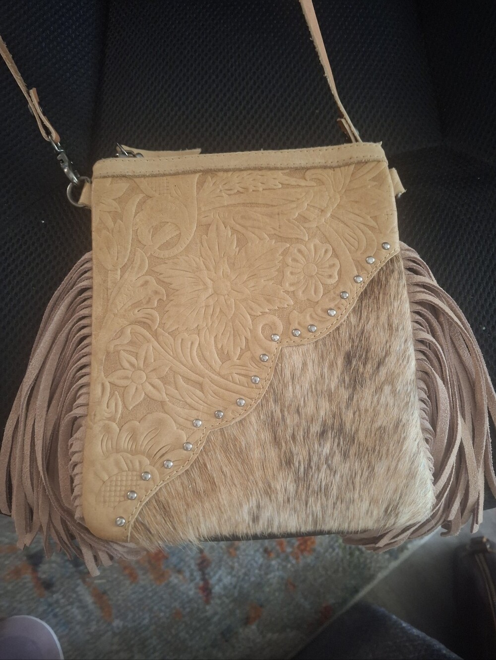 Montana West Tan Tooled Leather & Hair-On Hide Fringe Crossbody